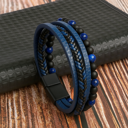 Men's Leather Stone Bead Bracelet