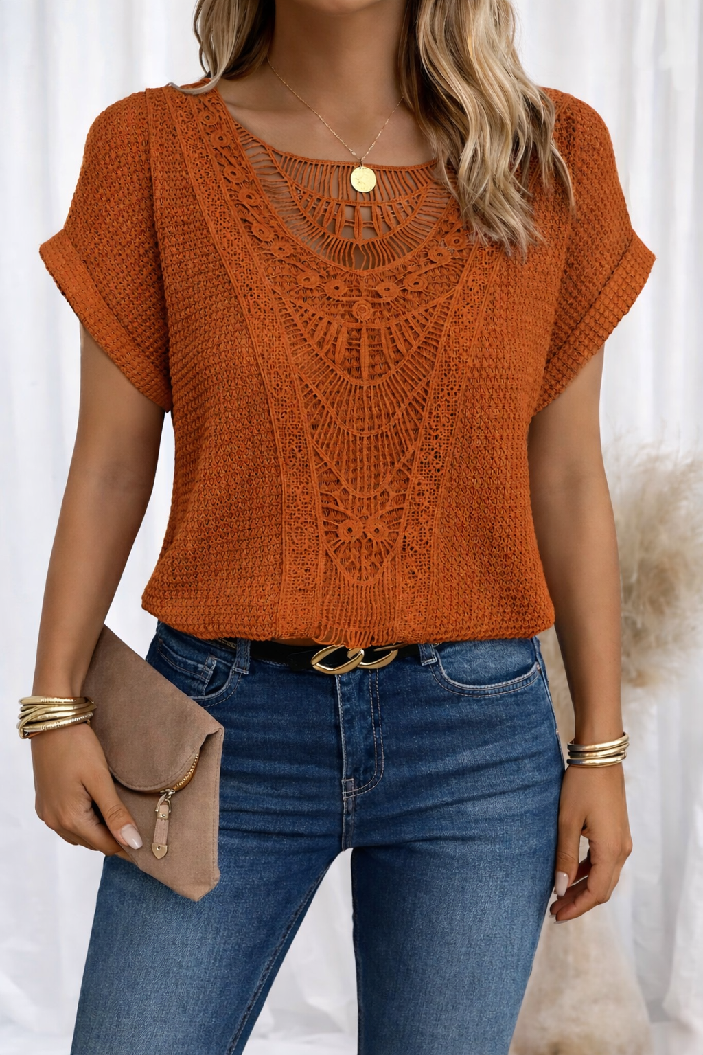 Women's Lace Trim Blouse with Round Neck