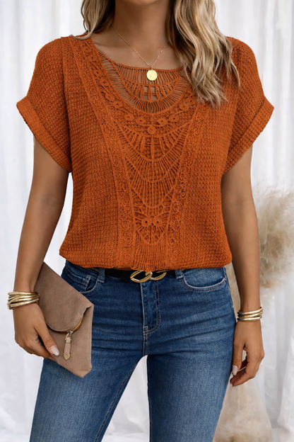 Women's Lace Trim Blouse with Round Neck