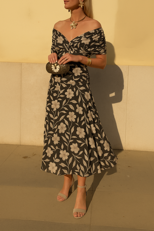 Chic Cold Shoulder Floral Midi Dress - VibreMode