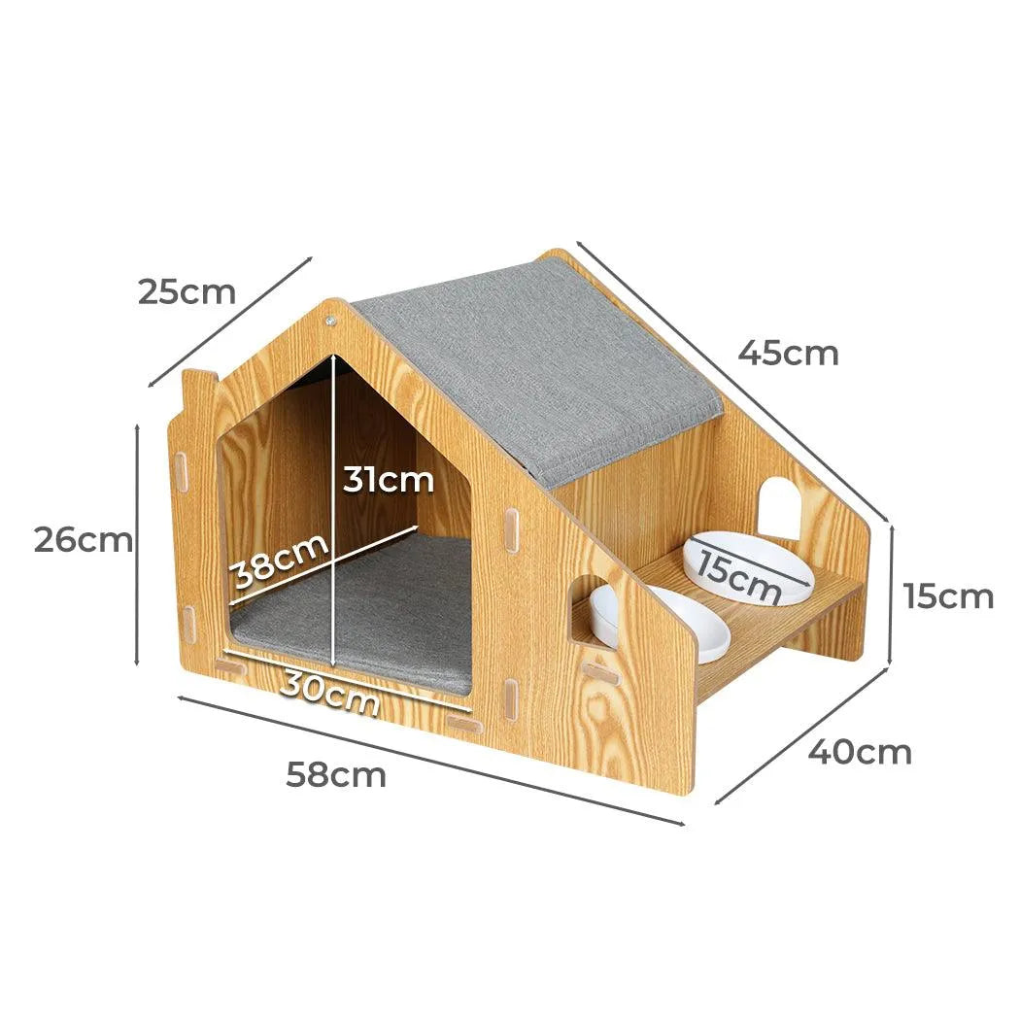 Wooden Cat House Elevated Double Feeder
