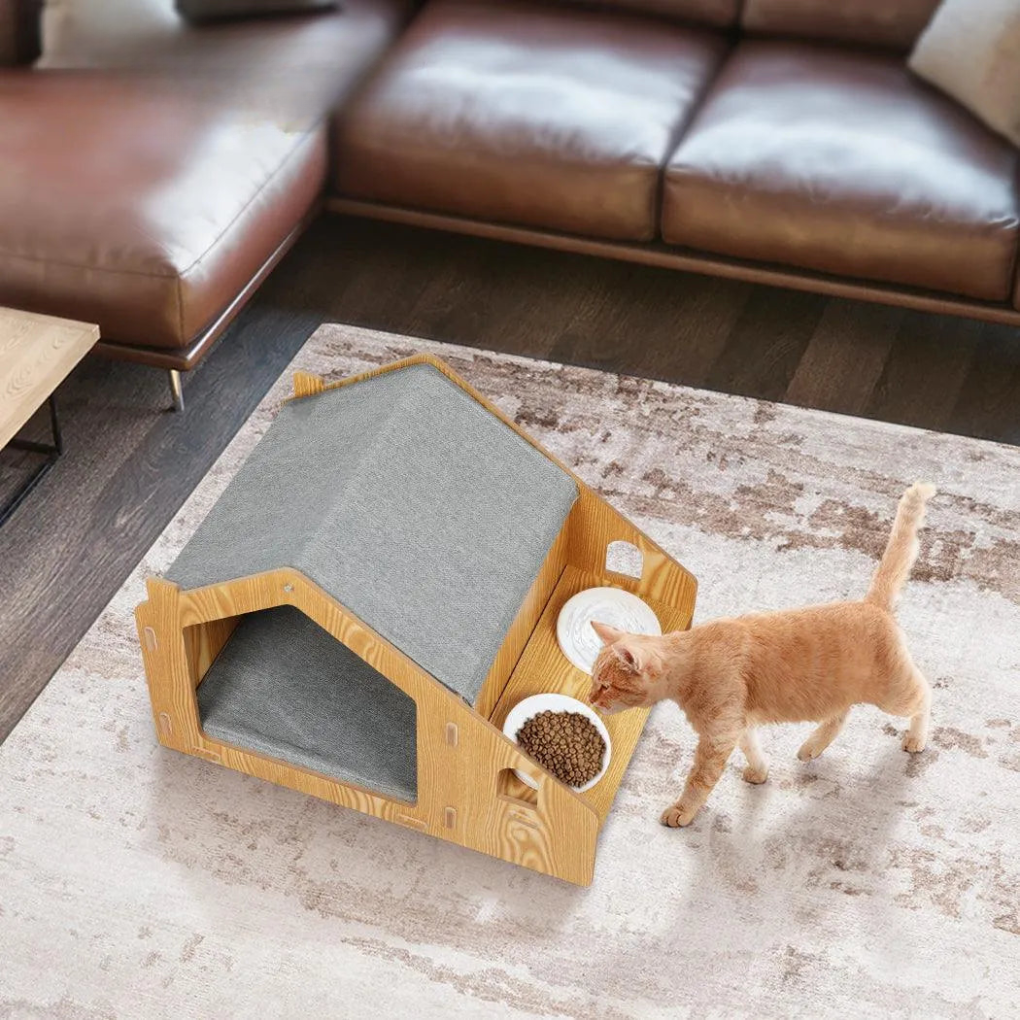 Wooden Cat House Elevated Double Feeder