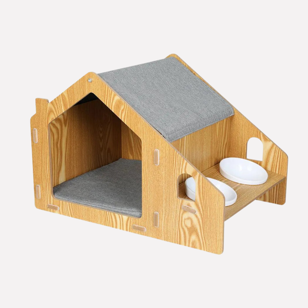 Wooden Cat House Elevated Double Feeder - VibreMode