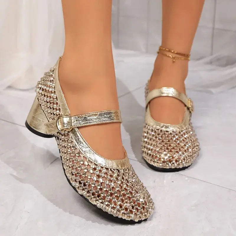 Women's Cutout Heels Black Gold Buckle - VibreMode