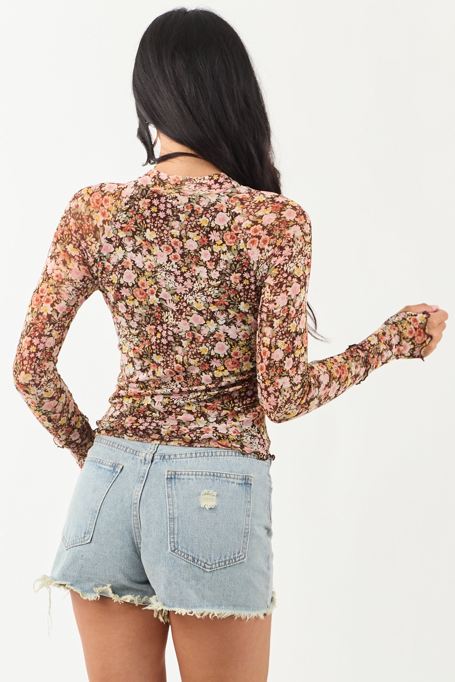 Women's Floral Print Mesh Long Sleeve Blouse Chocolate