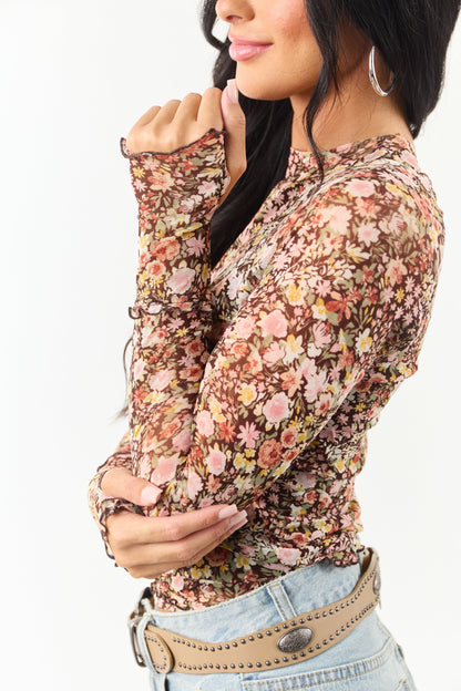 Women's Floral Print Mesh Long Sleeve Blouse Chocolate