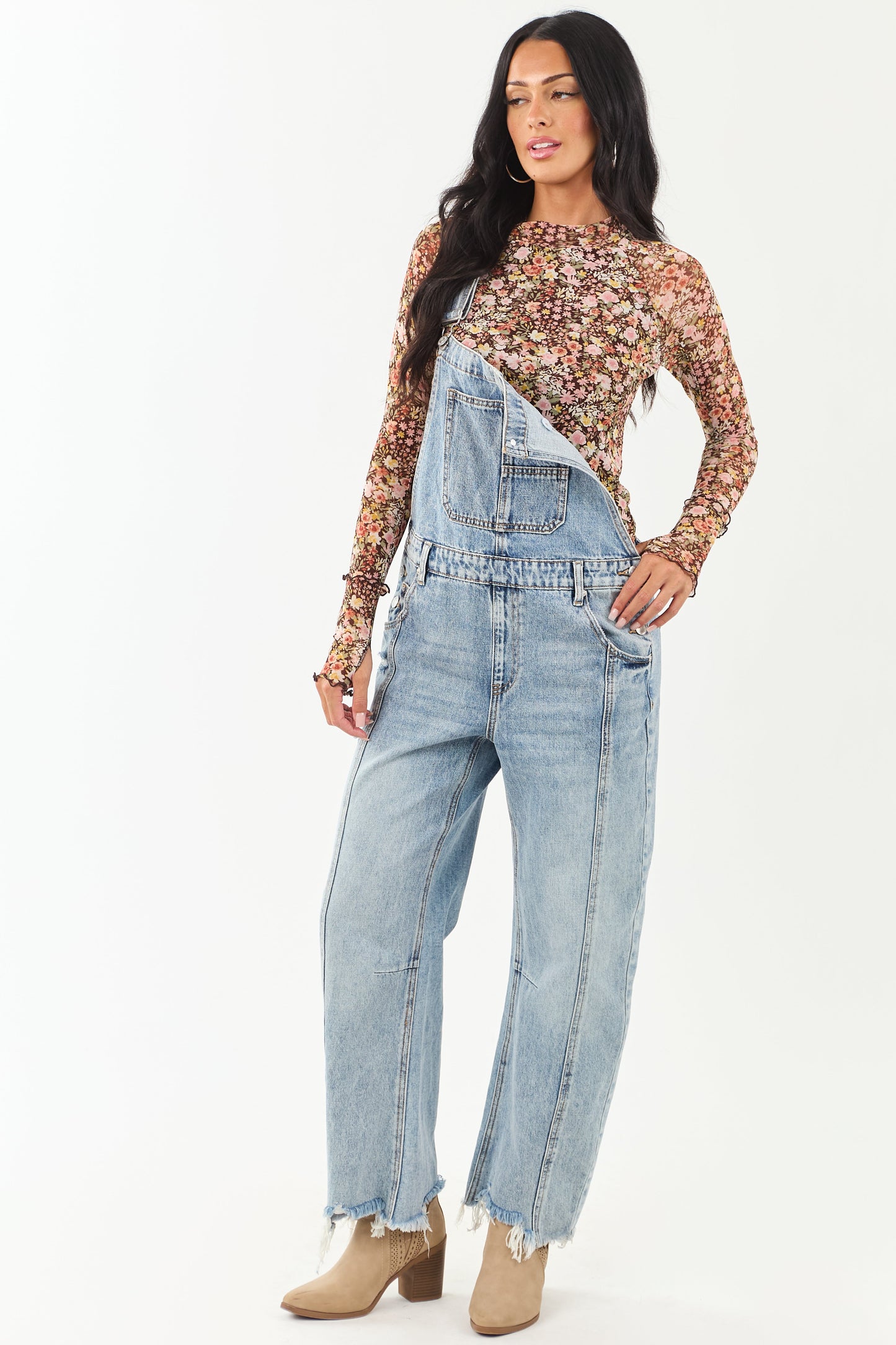 Women's Floral Print Mesh Long Sleeve Blouse Chocolate