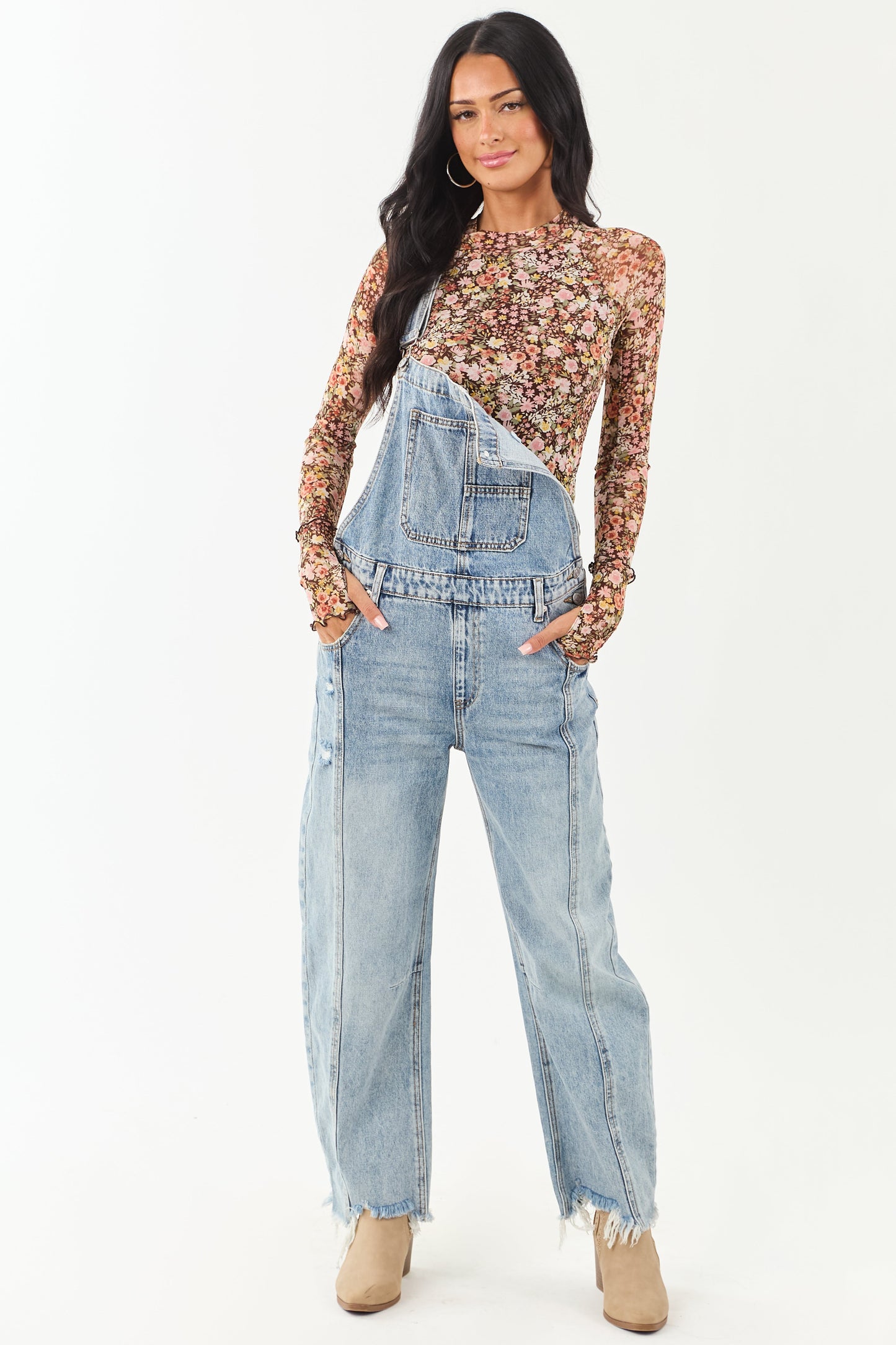 Women's Floral Print Mesh Long Sleeve Blouse Chocolate
