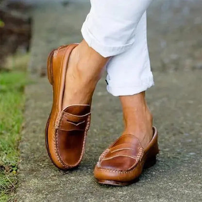 Women's Penny Loafers Leather Comfortable Brown - VibreMode