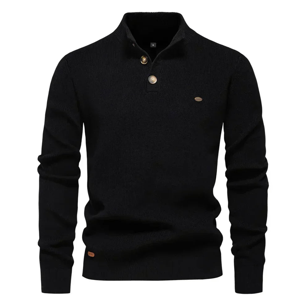 Men's Knitted Jumper Stand Collar Button Up Sweater