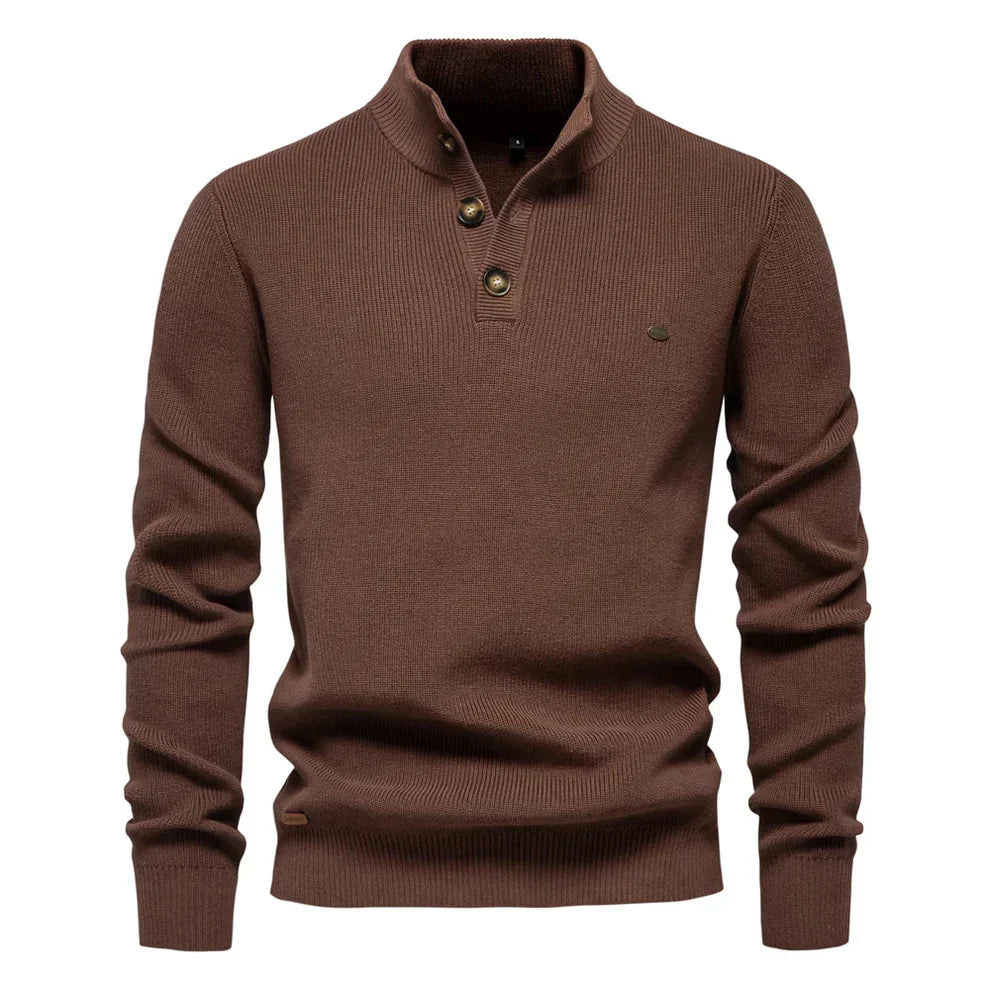 Men's Knitted Jumper Stand Collar Button Up Sweater