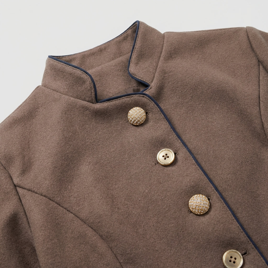 Wool Blazer Stand Collar Contrast Piping