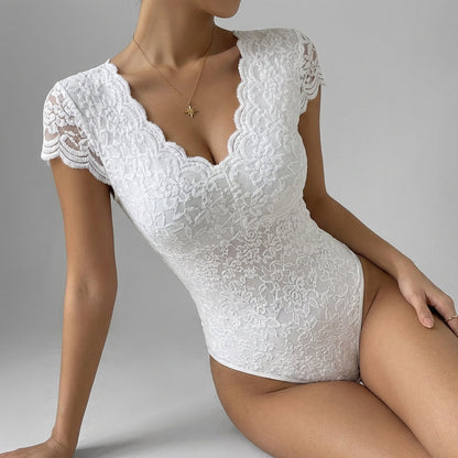 Women's Lace V-Neck Bodysuit Scalloped Trim