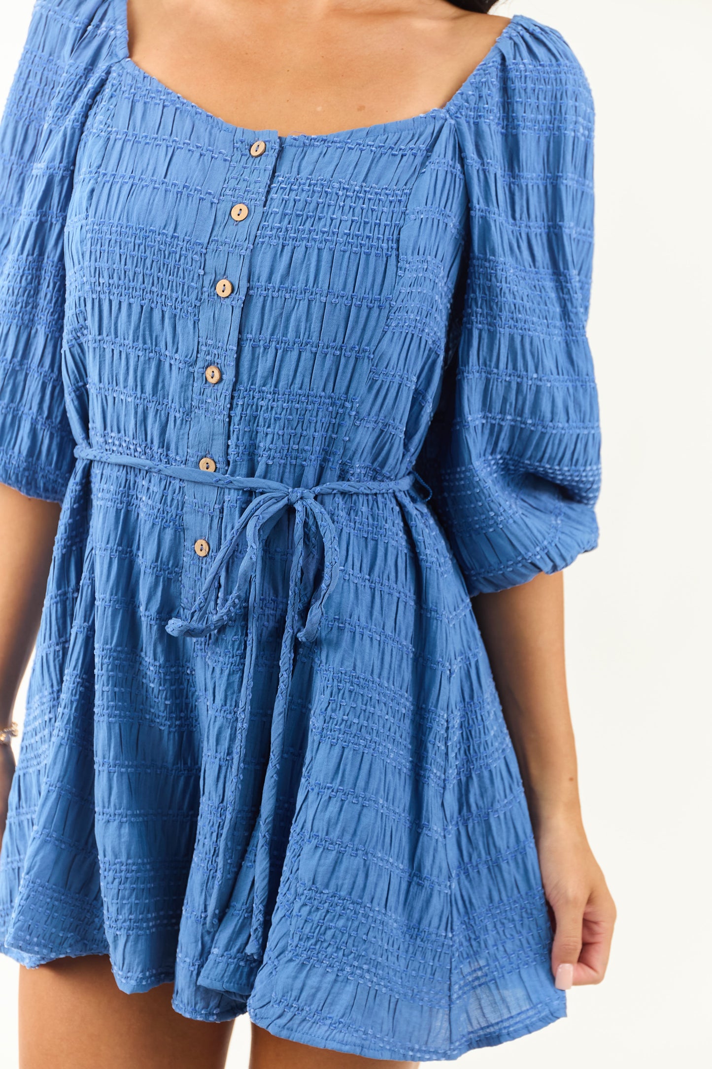 Women's Velvet Romper Cobalt Blue Puff Sleeve Wide Leg