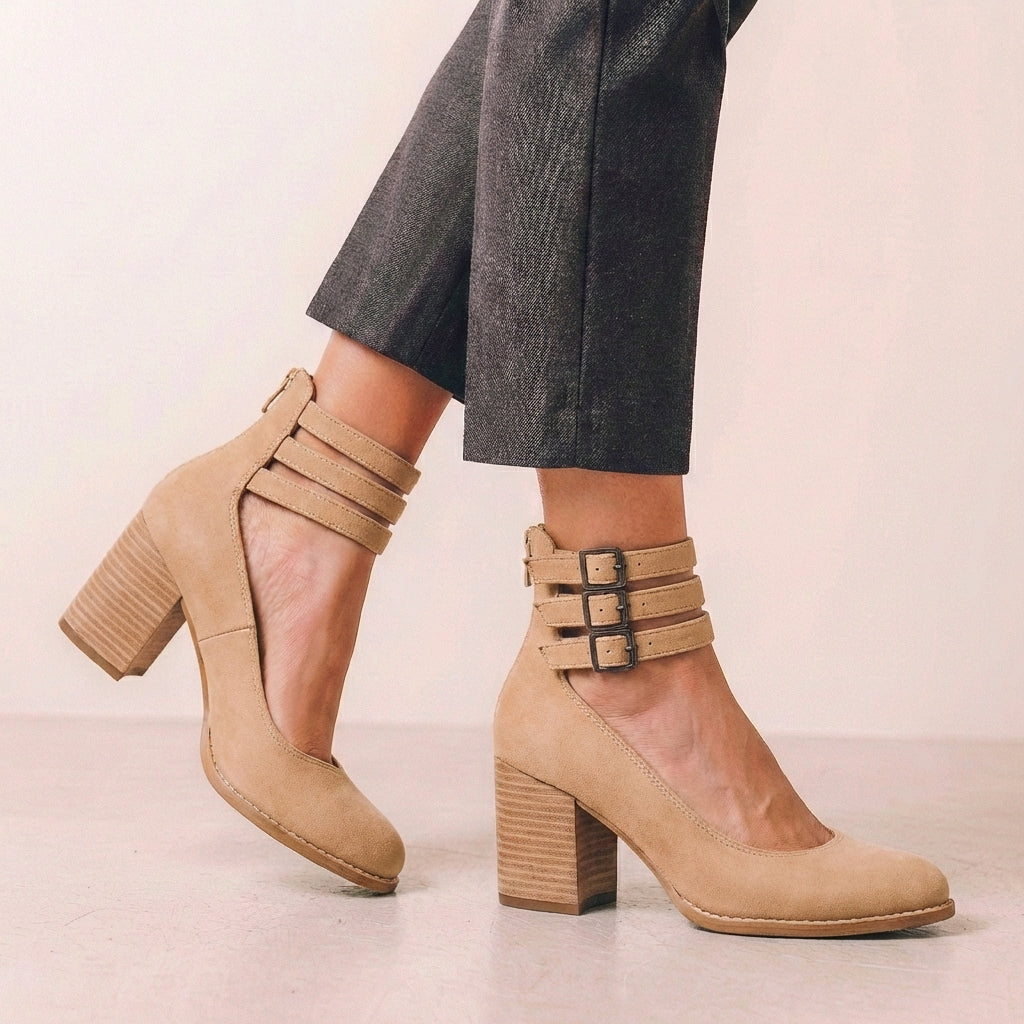 Vegan Leather Block Heel Pumps Buckled Ankle Straps