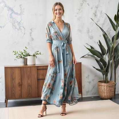 Women's Maxi Dress Collared Wrap Puff Sleeves Waist Tie