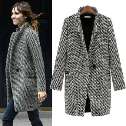 Women's Houndstooth Winter Coat Wool Button Front Black - VibreMode