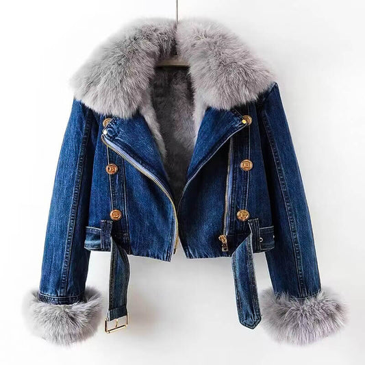 Fashionable Faux Fur Denim Coat - VibreMode