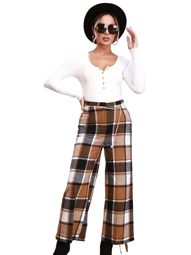 Women's Wide Leg Check Trousers - VibreMode
