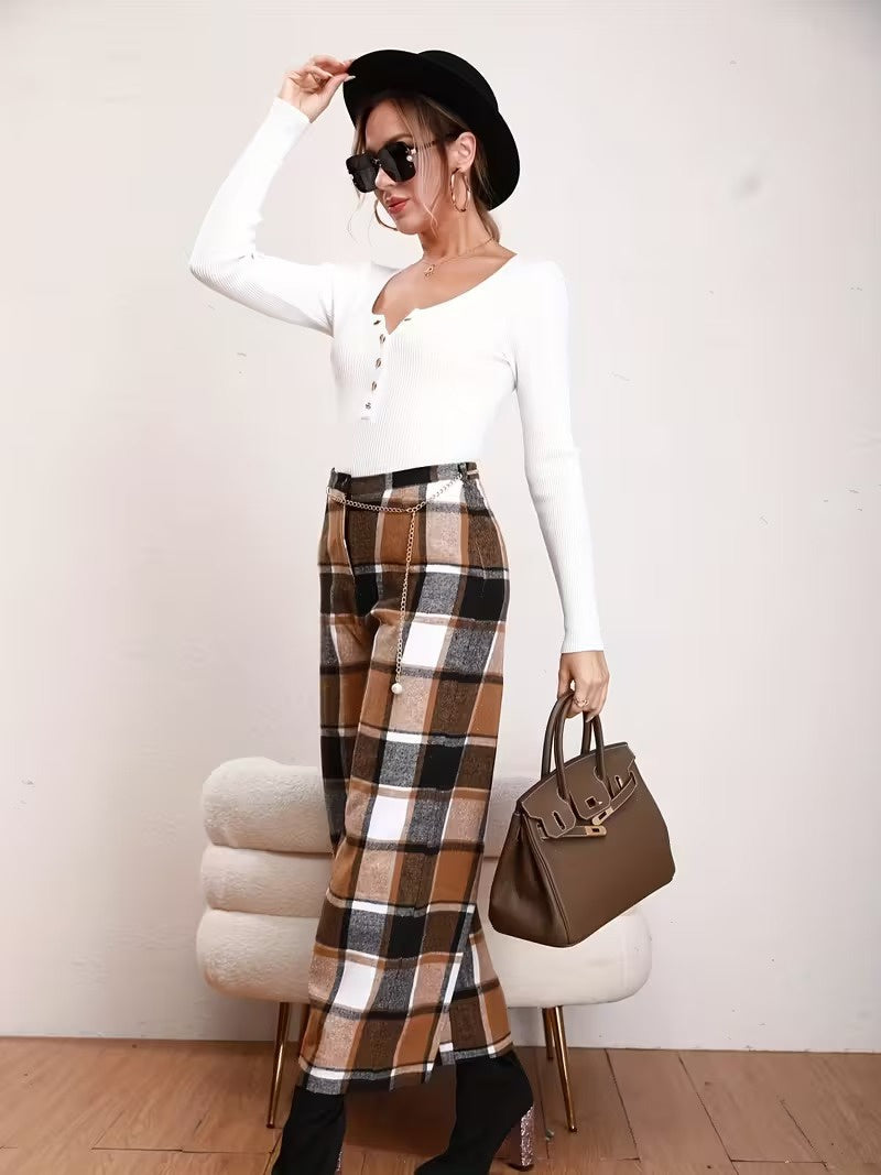 Women's Wide Leg Check Trousers