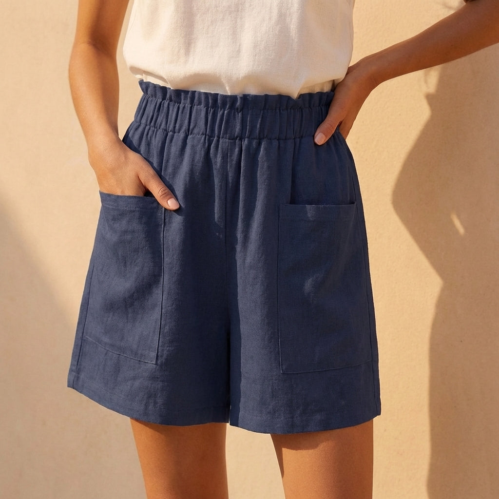 Women's Relaxed Fit Paperbag Shorts Cotton Casual Beige