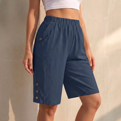 Women's High-Waist Knee-Length Shorts Button Accent - VibreMode
