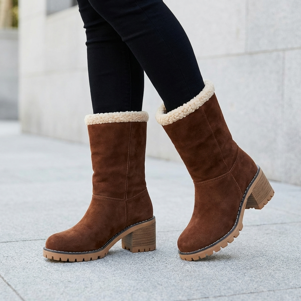 Women's Fur Lined Mid Calf Boots Lug Sole Block Heel