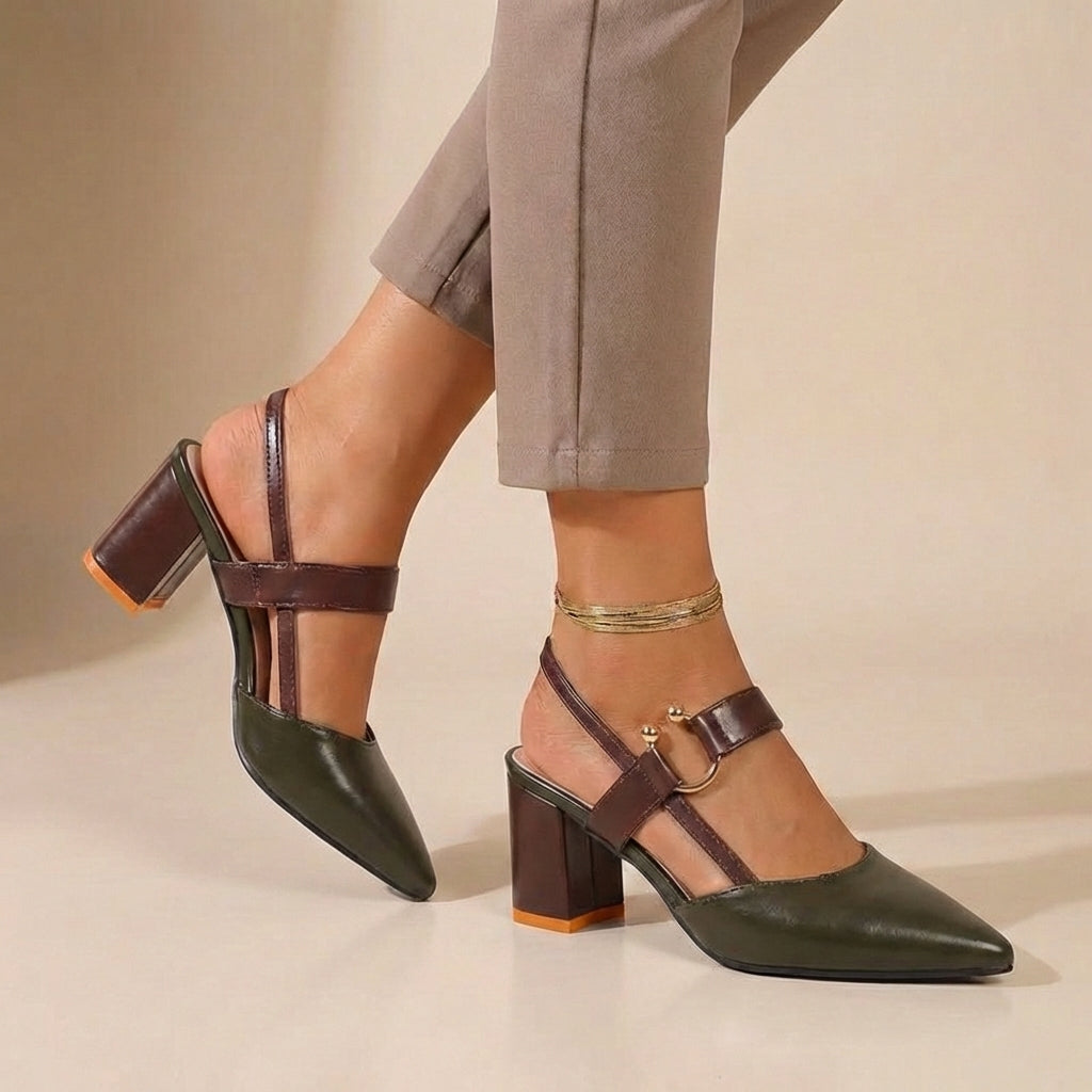 Women's Leather Slingback Pumps Buckled Strap Clear Details