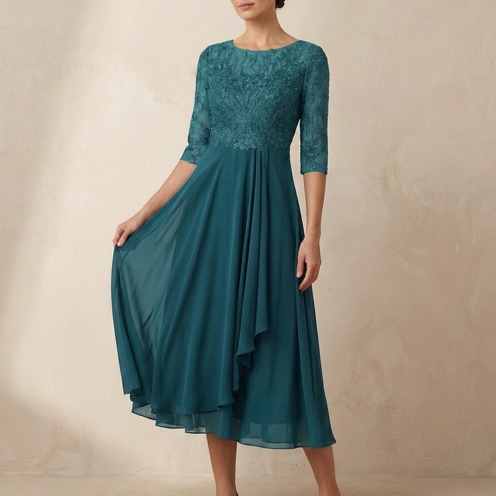Women's Embroidered A-Line Midi Dress Sheer Sleeves