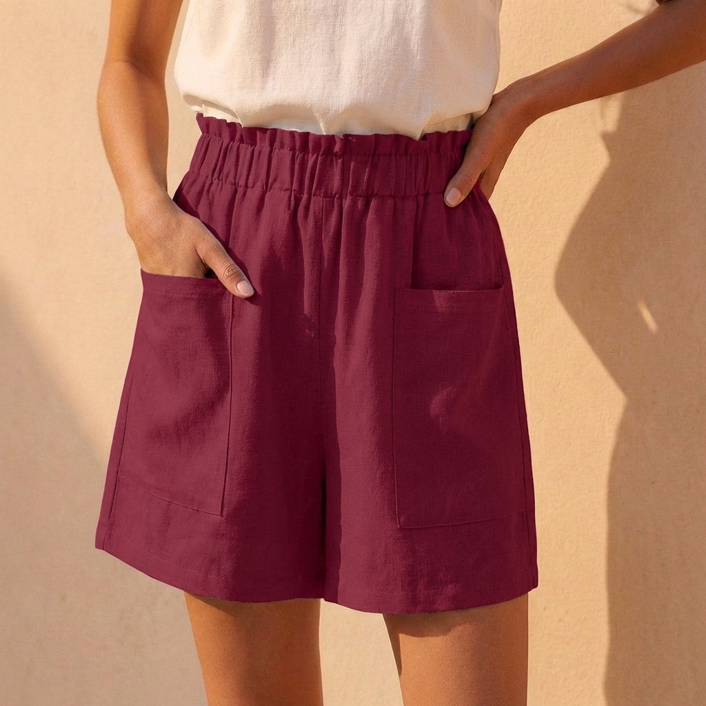 Women's Relaxed Fit Paperbag Shorts Cotton Casual Beige - VibreMode