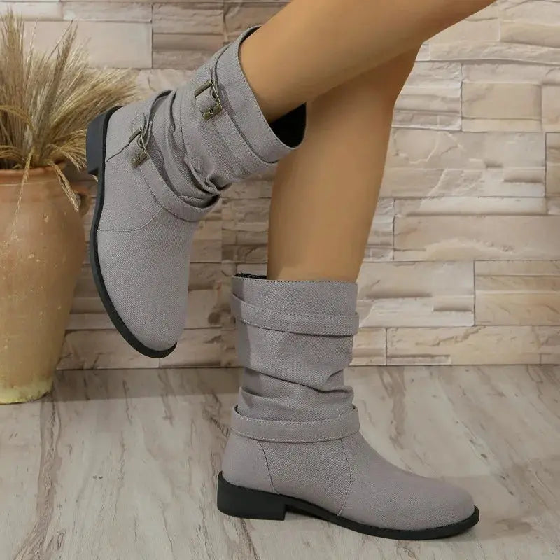 Women's Denim Ankle Boots Buckle Detail Comfortable - VibreMode