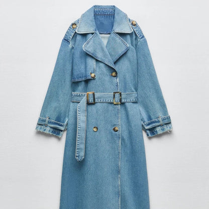 Women's Denim Trench Coat Oversized Button Front Blue