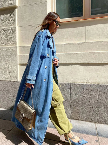 Women's Denim Trench Coat Oversized Button Front Blue