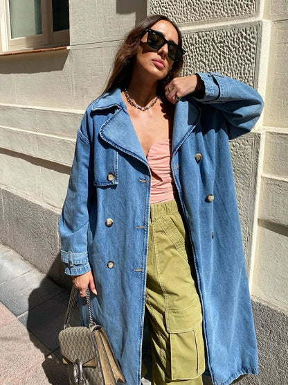 Women's Denim Trench Coat Oversized Button Front Blue