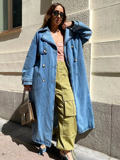Women's Denim Trench Coat Oversized Button Front Blue - VibreMode