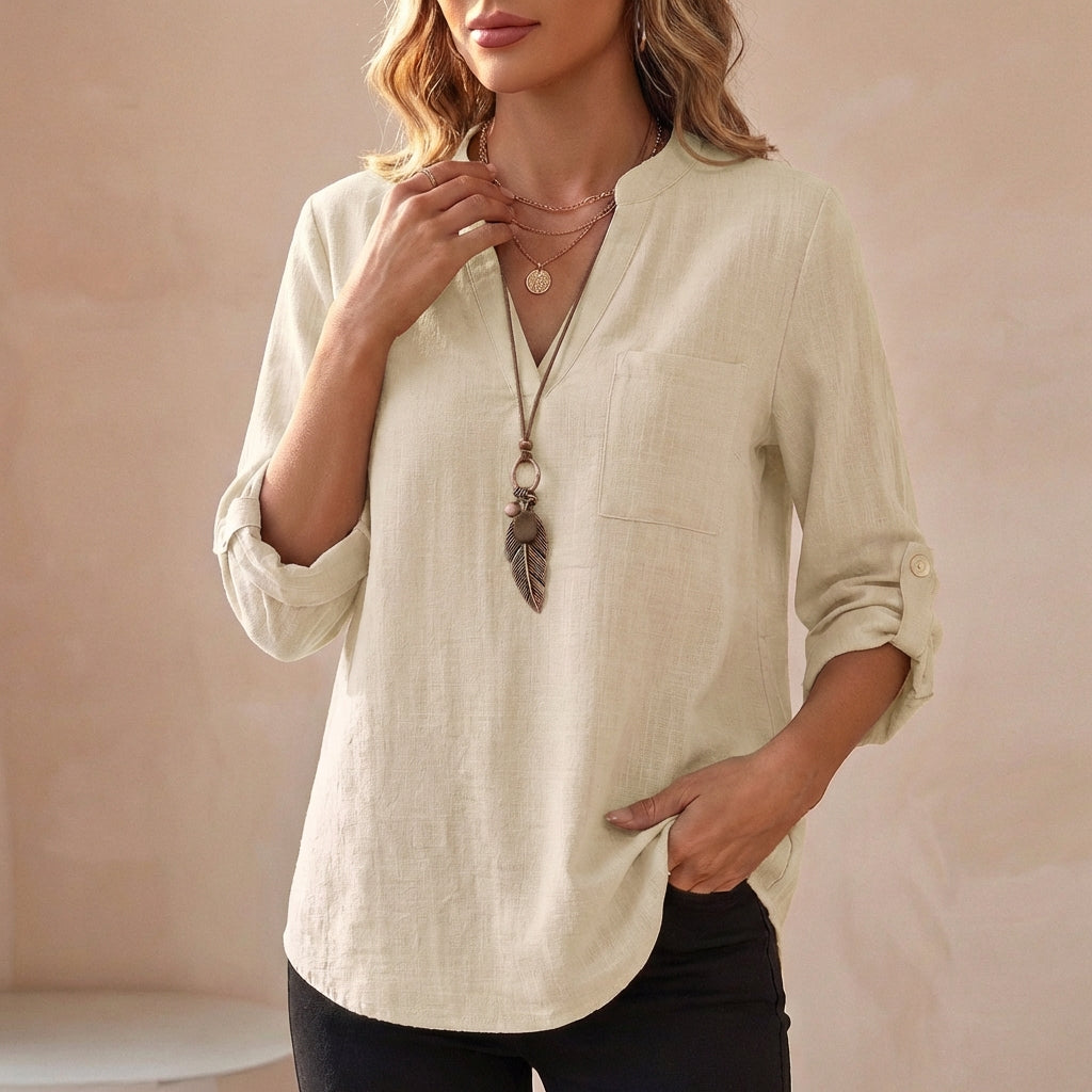 Women's Cotton Linen Tunic Blouse Relaxed Fit V-Neck
