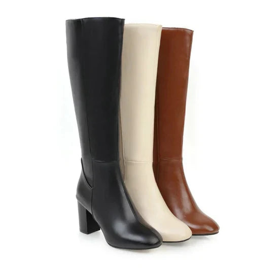 Women's Knee High Heeled Boots Zipper Black - VibreMode