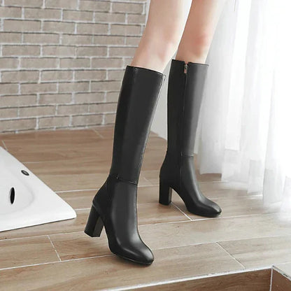 Women's Knee High Heeled Boots Zipper Black