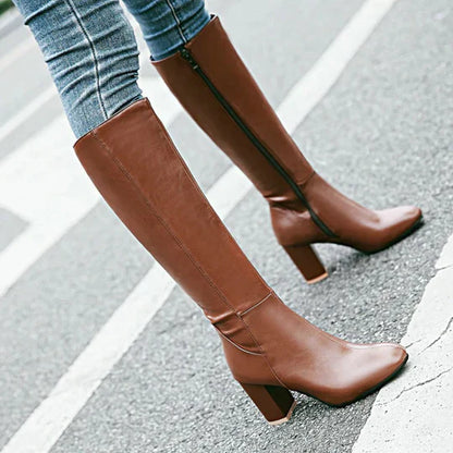 Women's Knee High Heeled Boots Zipper Black