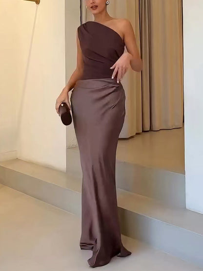 Women's Pleated Maxi Dress Satin Contrast Bodice