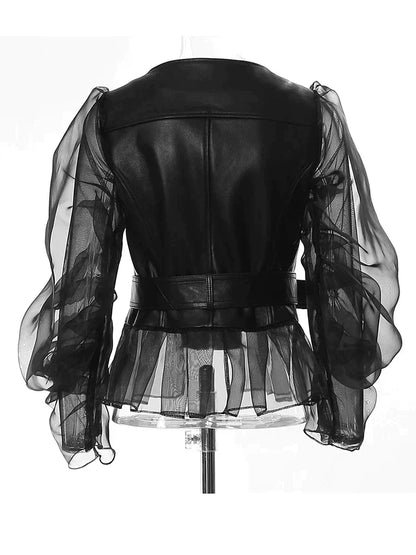 Women's Faux Leather Jacket Belted Waist Black