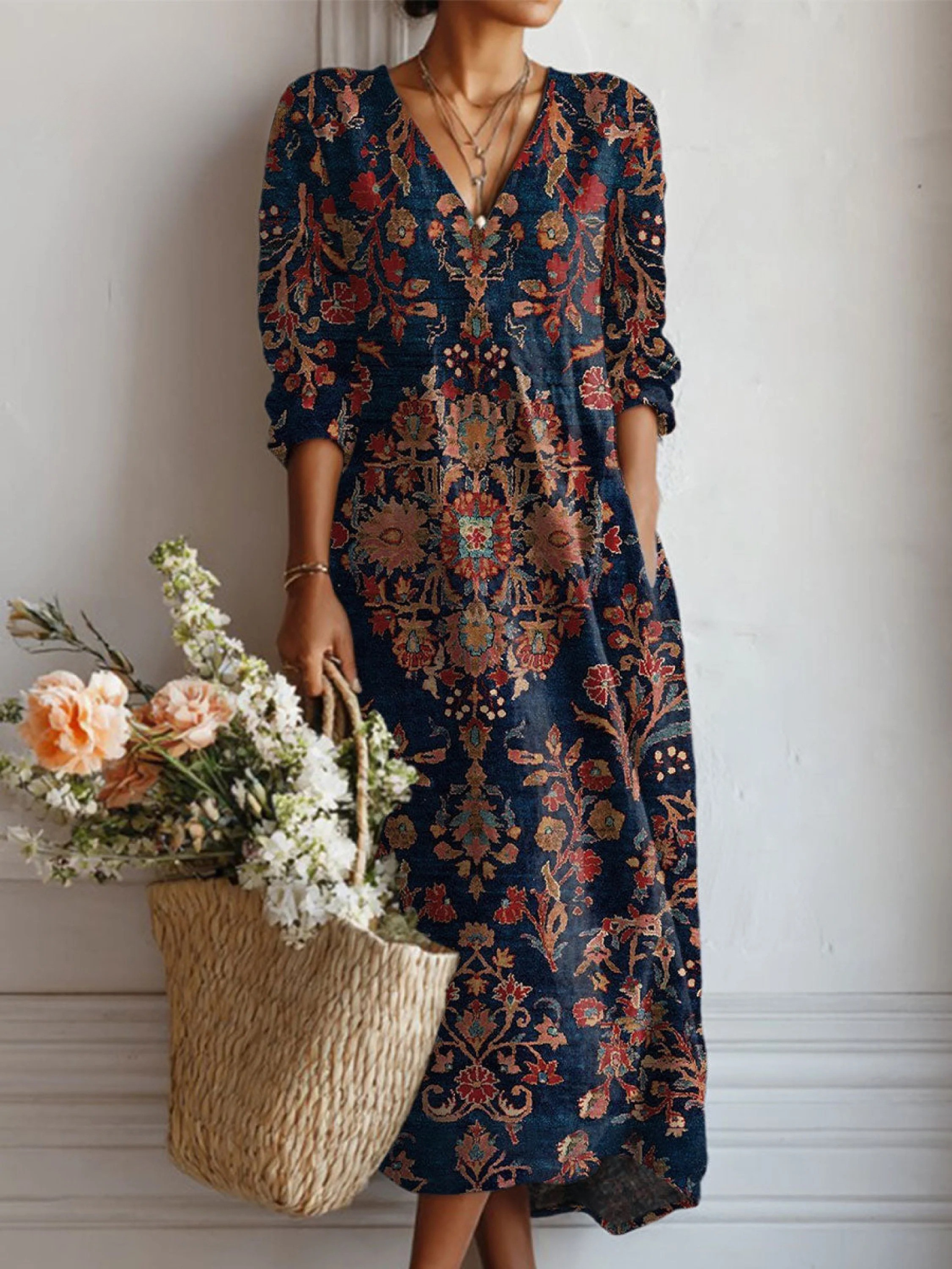 Flowy V Neck Long Summer Dress - VibreMode