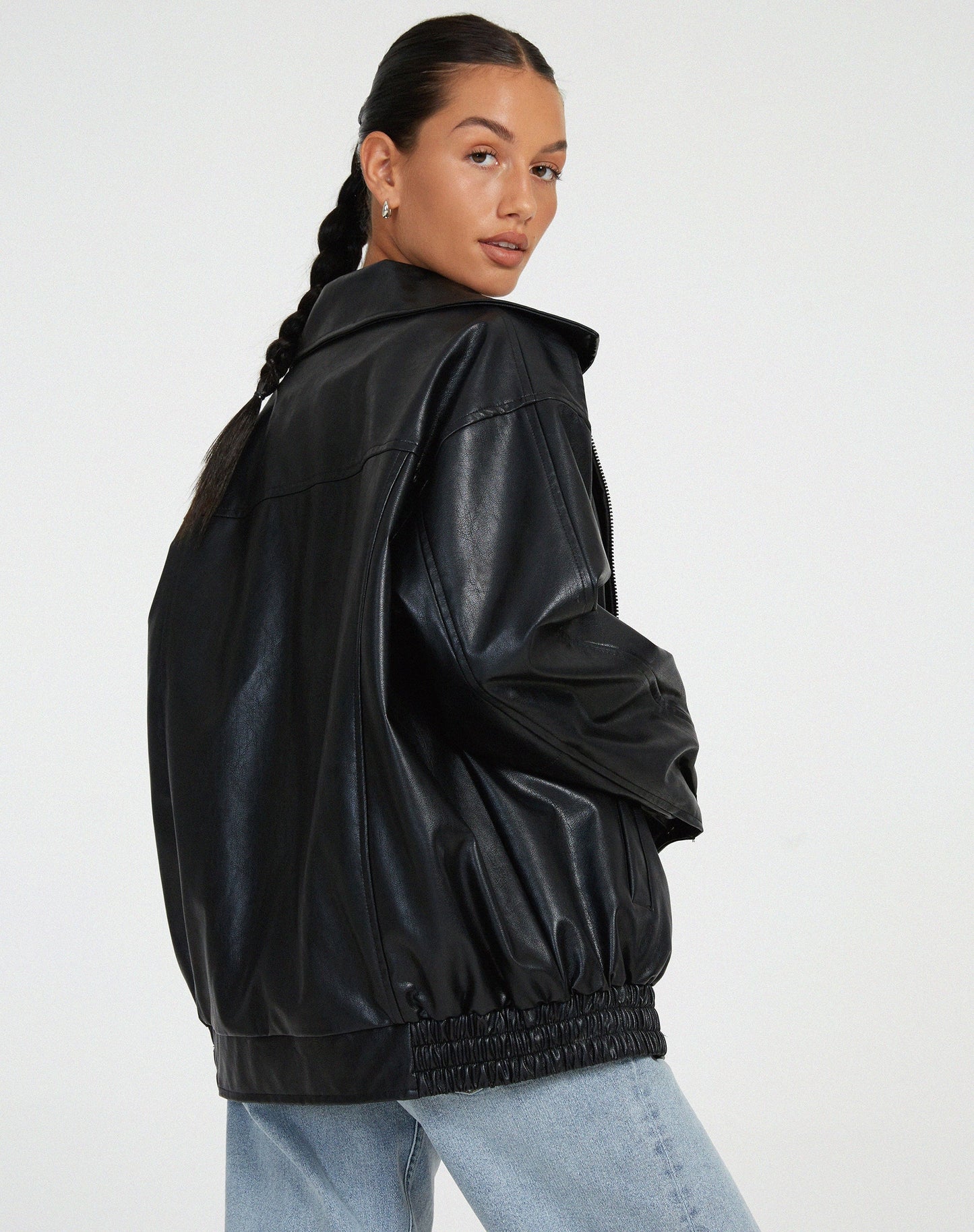 Women's Leather Zip-Up Jacket High Collar Relaxed Fit Black