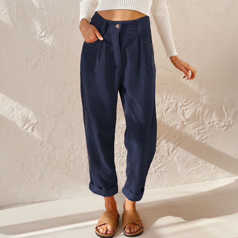 Women's High-Waisted Pleated Trousers Cuffed Hems