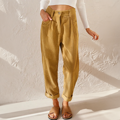 Women's High-Waisted Pleated Trousers Cuffed Hems - VibreMode