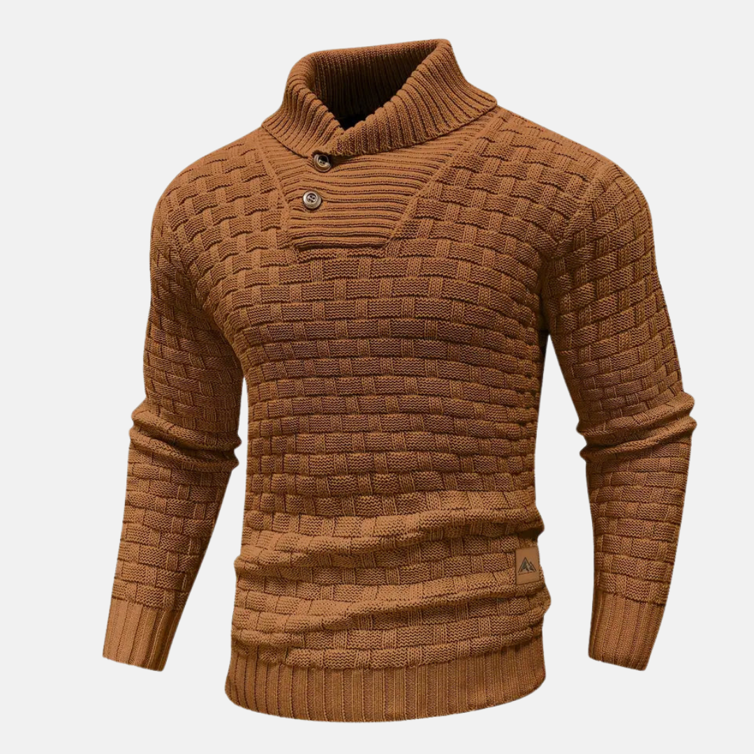 Men's Textured Knit Sweater Shawl Collar Buttons Beige