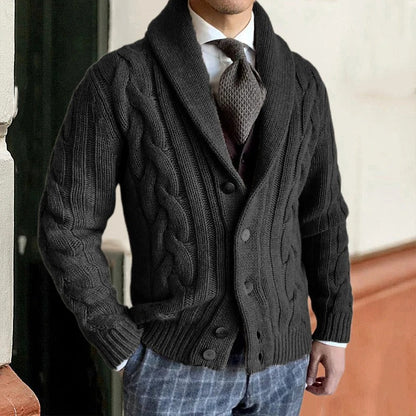 Men's Cable-Knit Cardigan Shawl Collar Button Closure Beige