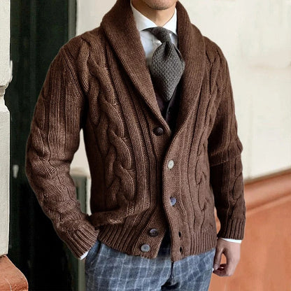 Men's Cable-Knit Cardigan Shawl Collar Button Closure Beige