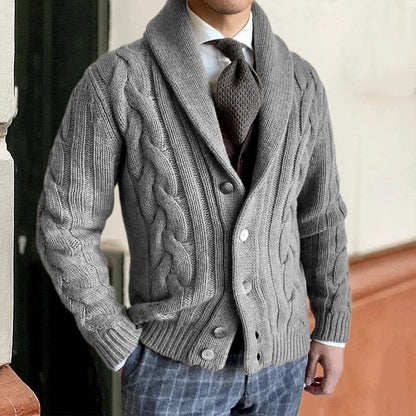 Men's Cable-Knit Cardigan Shawl Collar Button Closure Beige