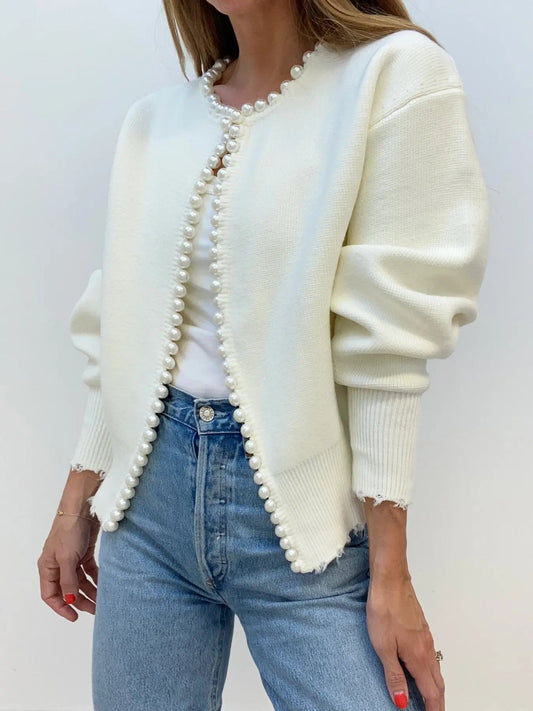 Women's Pearl Trim Cardigan Sweater - VibreMode
